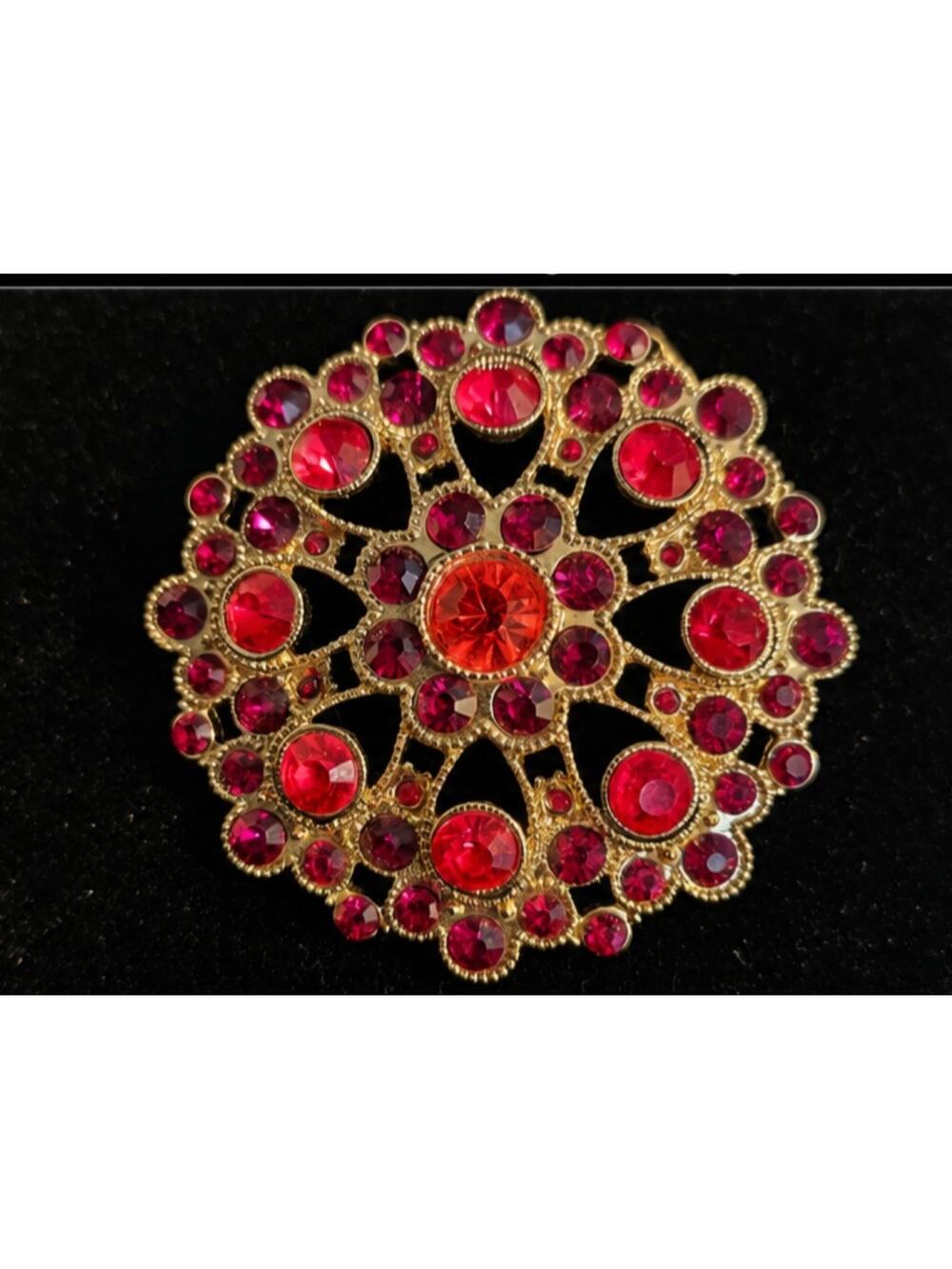 Vintage Monet Ruby Red Rhinestone Statement Brooch Gold Tone Large Pin
